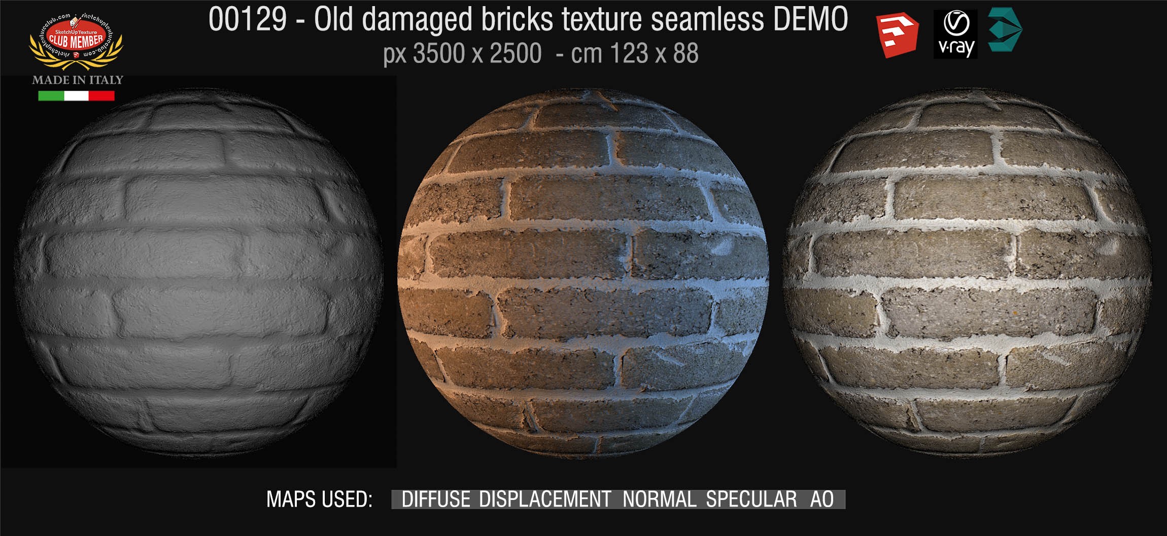 00129 HR Damaged bricks texture seamless + maps DEMO