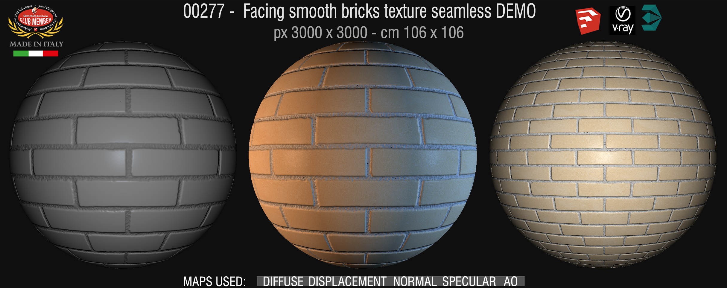 00277 Facing smooth bricks texture seamless + maps DEMO