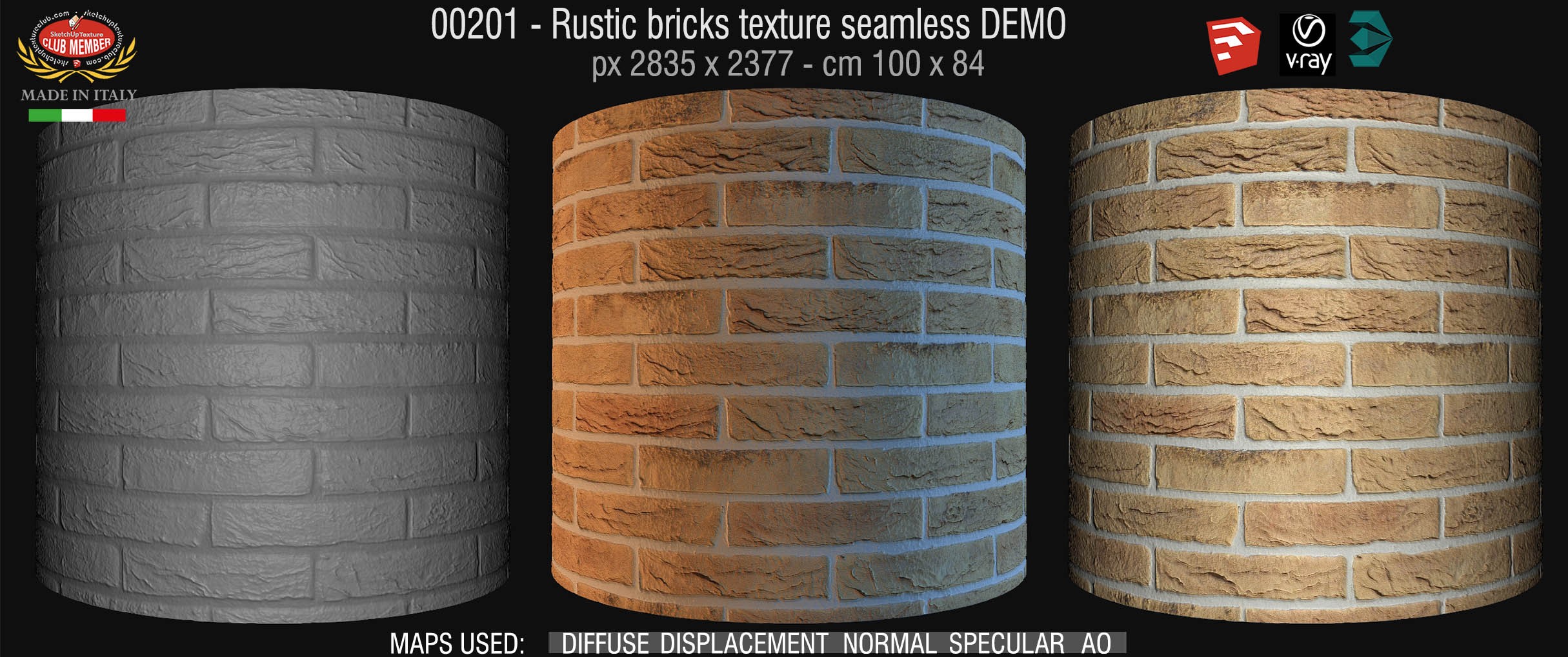 00201 Rustic bricks texture seamless + maps DEMO