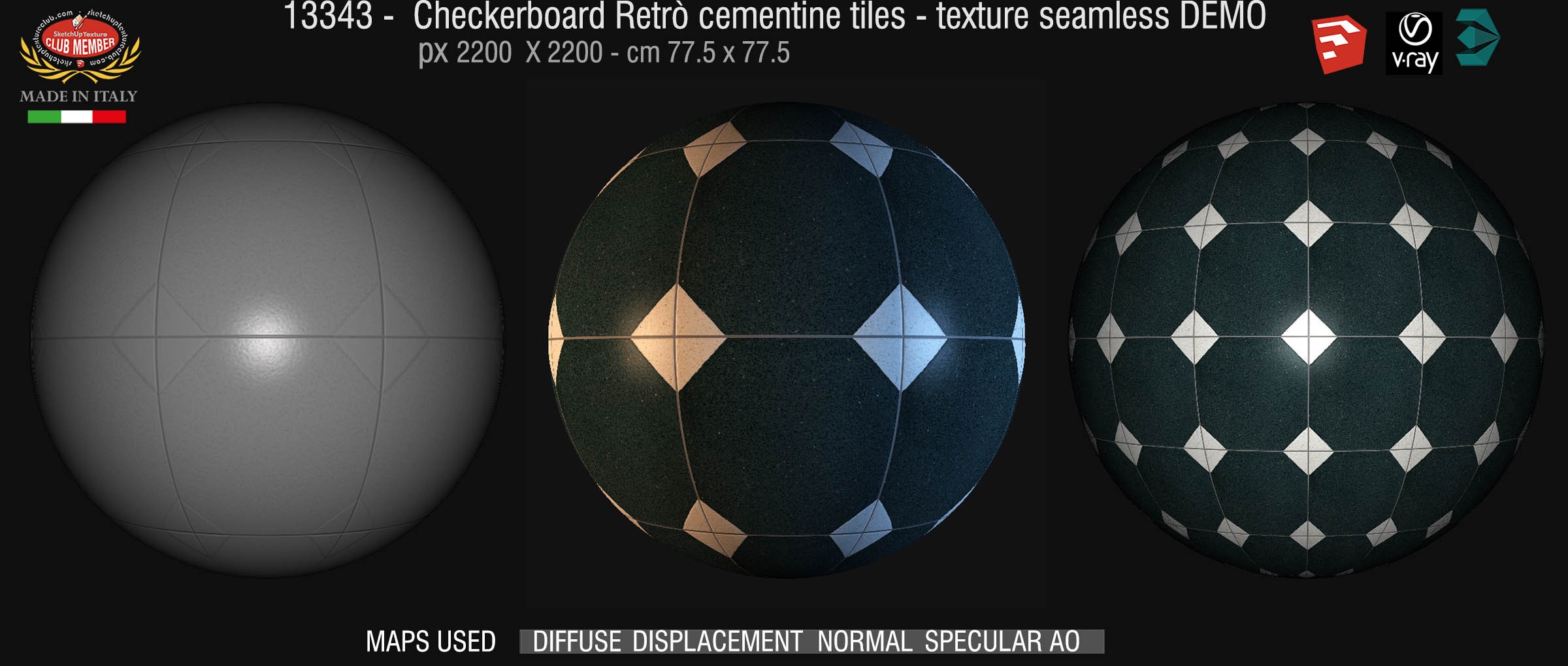 13343 Checkerboard retrò cementine tiles - texture seamless + maps DEMO