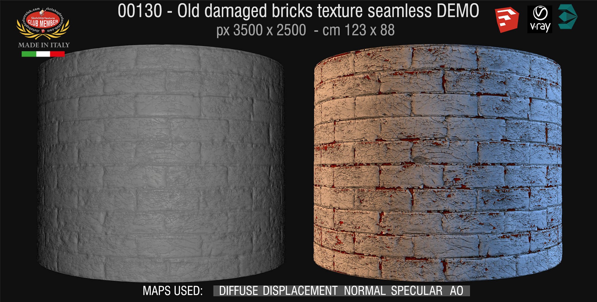 00130 HR Damaged bricks texture seamless + maps DEMO