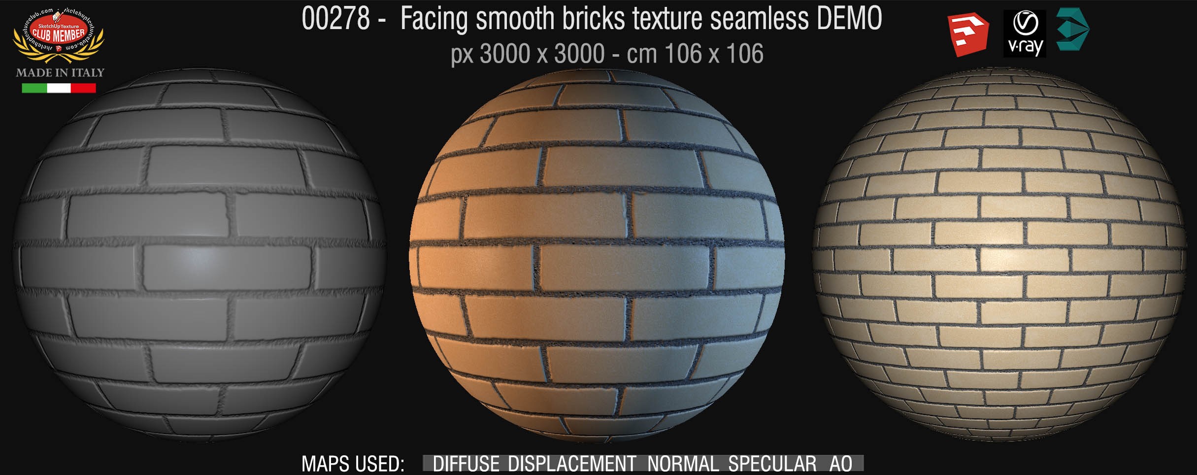 00278 Facing smooth bricks texture seamless + maps DEMO