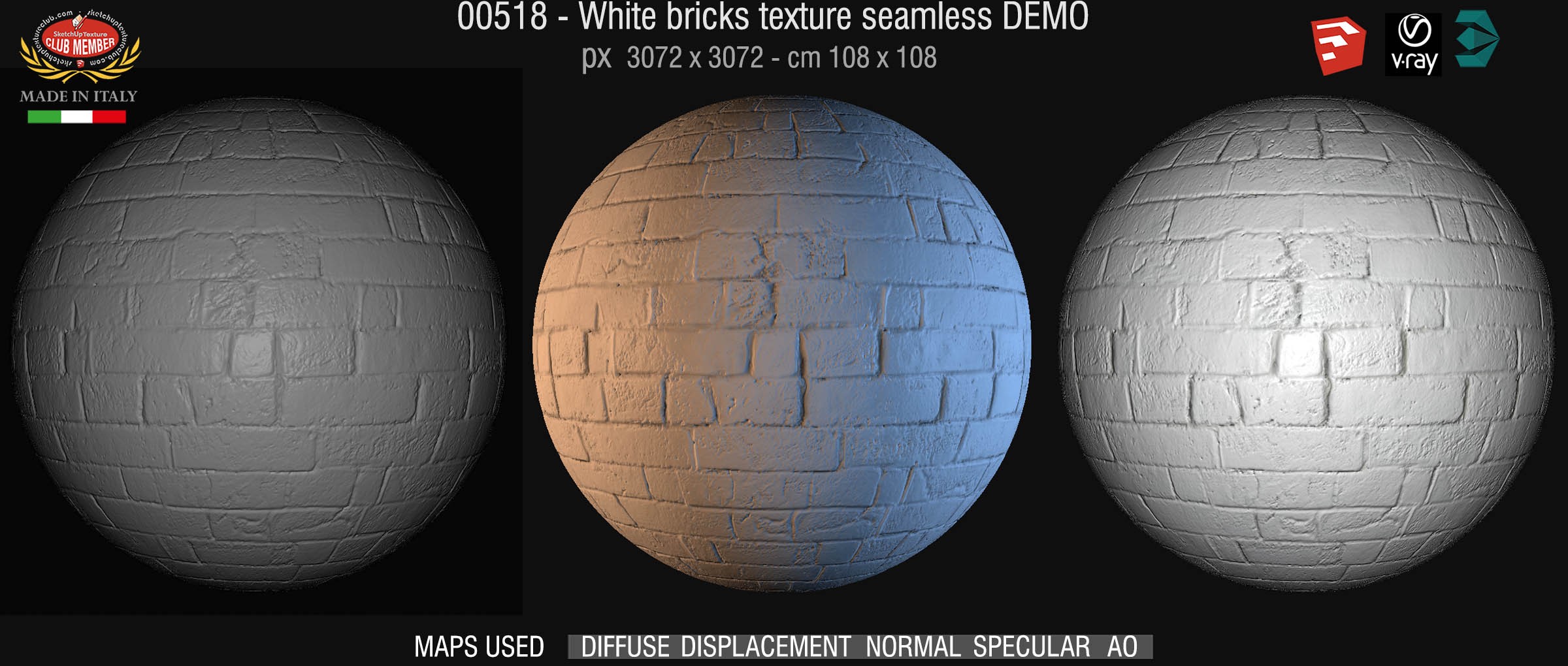 00518 white wall bricks texture seamless + maps DEMO