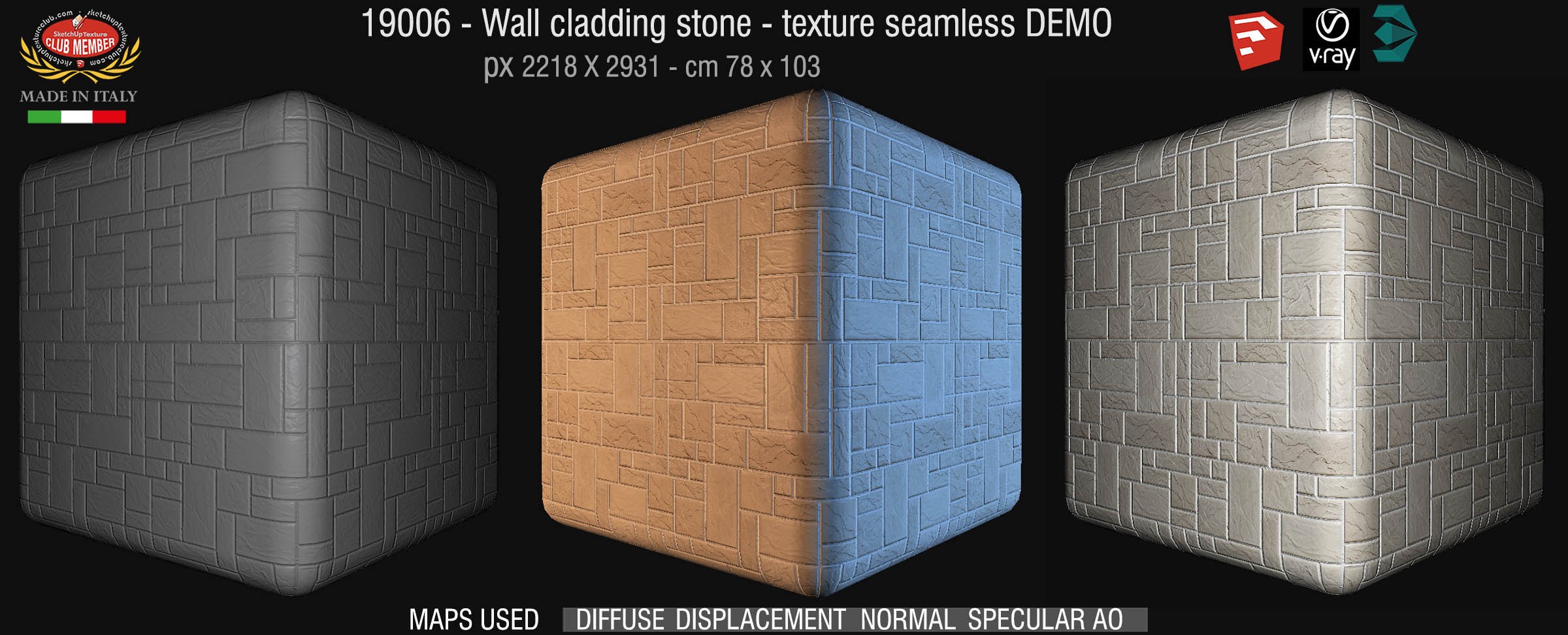 19006 Wall cladding stone texture seamless + maps DEMO