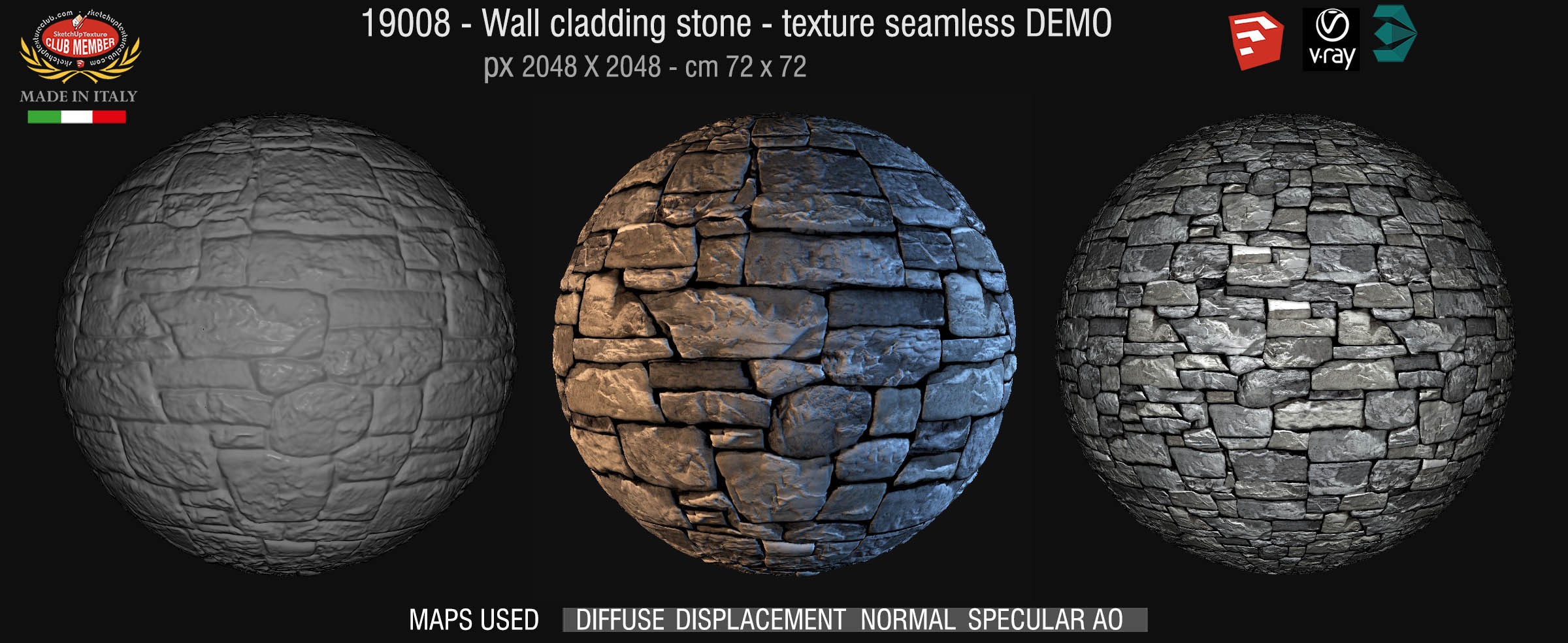 19008 Wall cladding stone texture seamless + maps DEMO