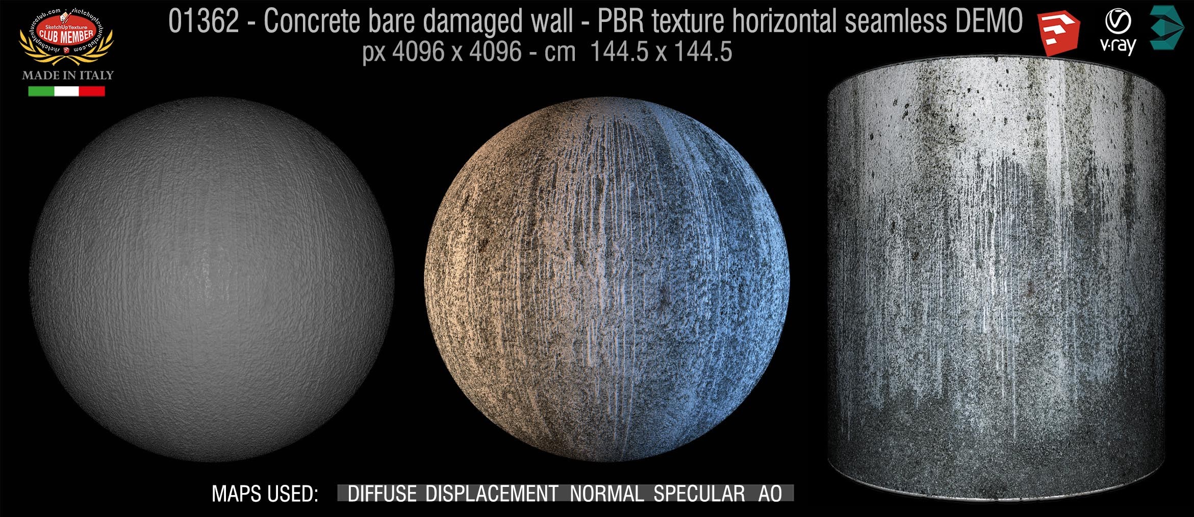 01362 Concrete bare damaged wall PBR texture horizontal seamless DEMO