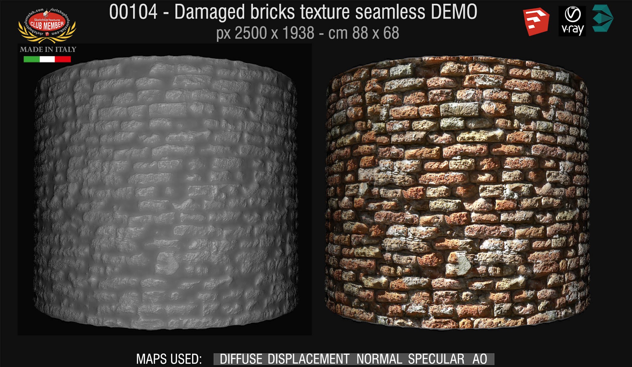 00104 Damaged bricks texture seamless + maps DEMO