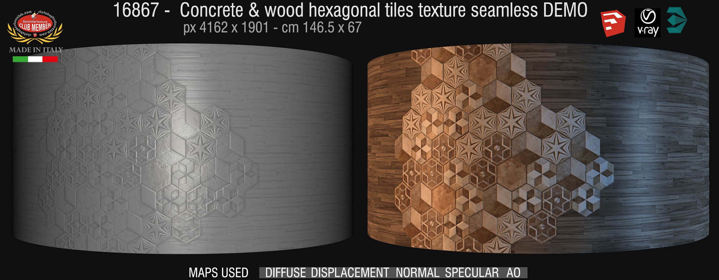 16867 Concrete & wood hexagonal tiles texture seamless + mpas DEMO