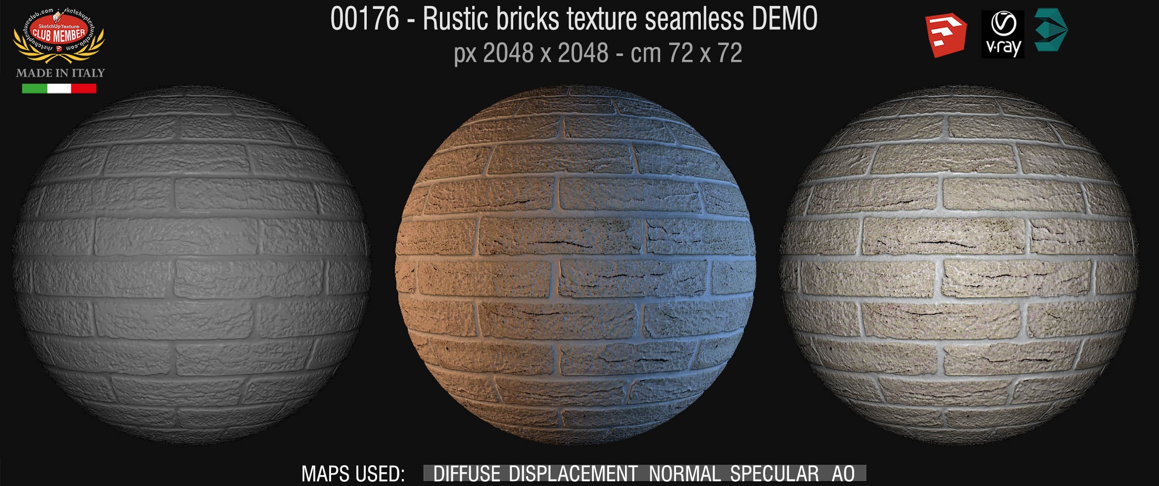 00176  Rustic bricks texture seamless + maps DEMO