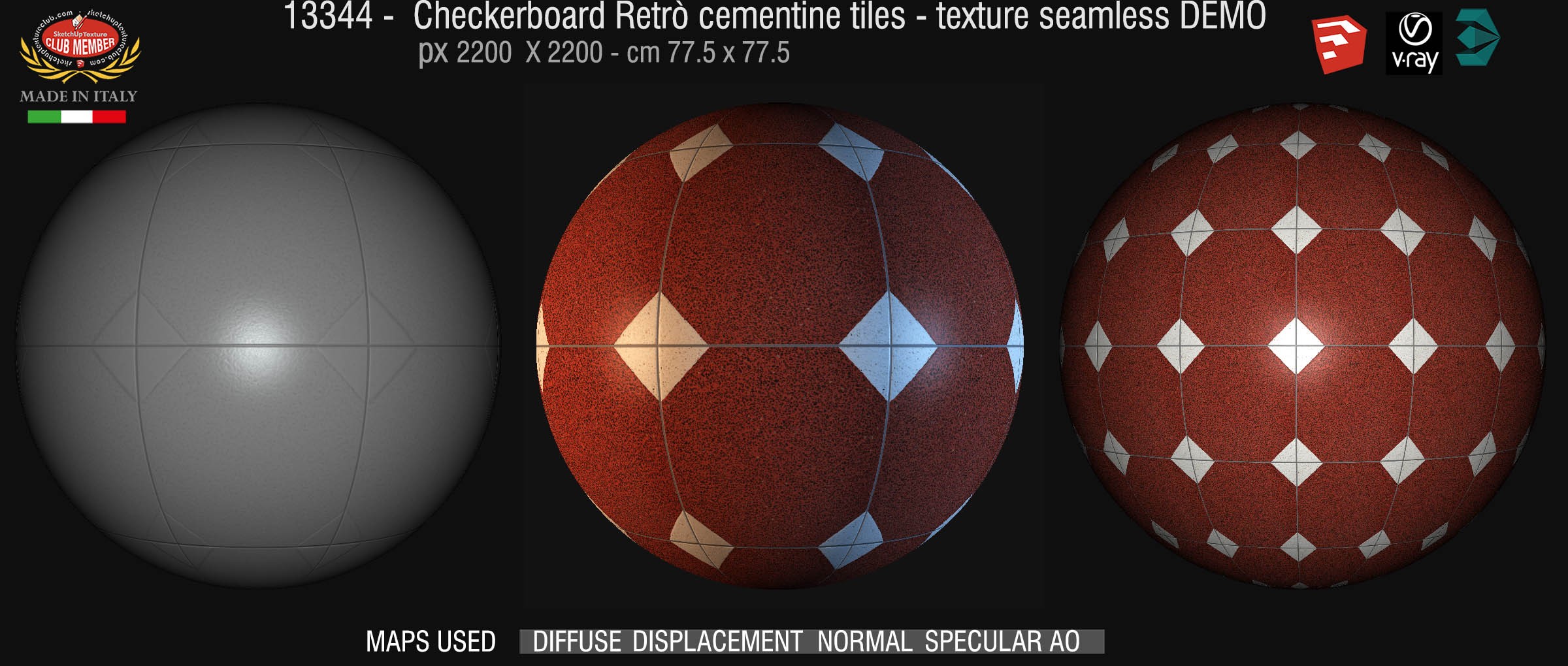 13344 Checkerboard retrò cementine tiles - texture seamless + maps DEMO