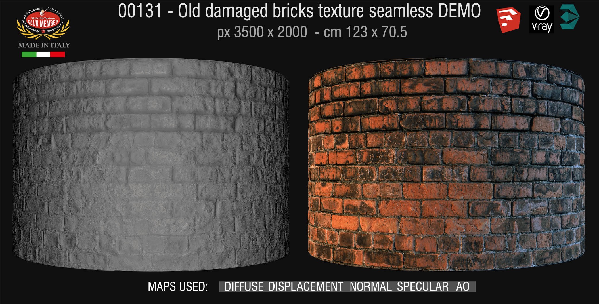 00131 HR Damaged bricks texture seamless + maps DEMO