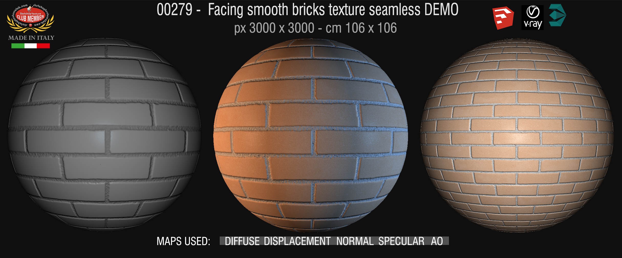 00279 Facing smooth bricks texture seamless + maps DEMO