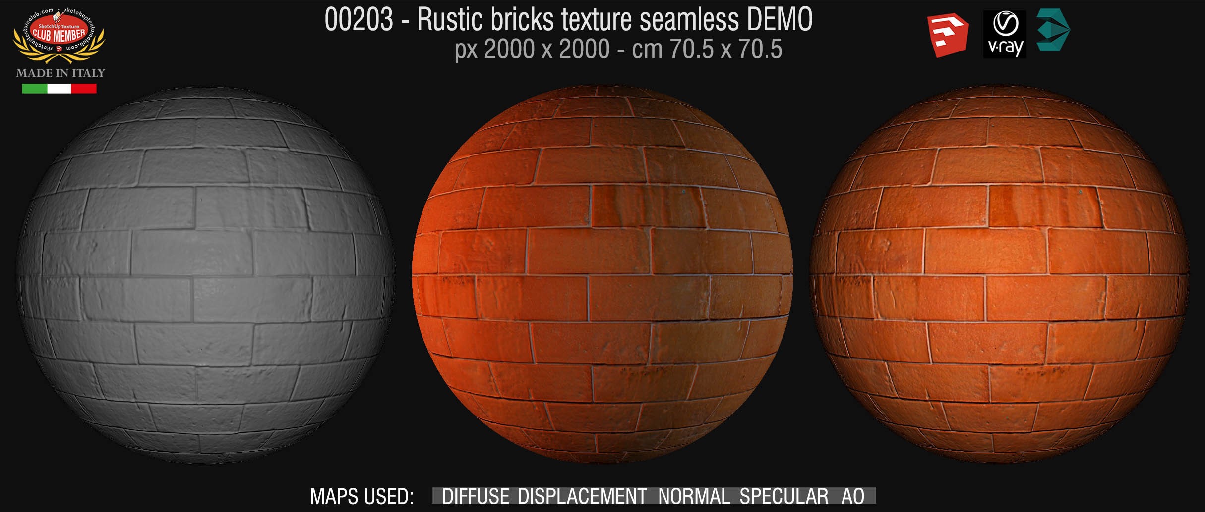 00203 Rustic bricks texture seamless + maps DEMO