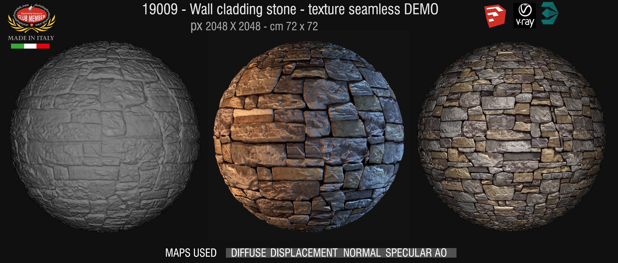 19009 Wall cladding stone texture seamless + maps DEMO
