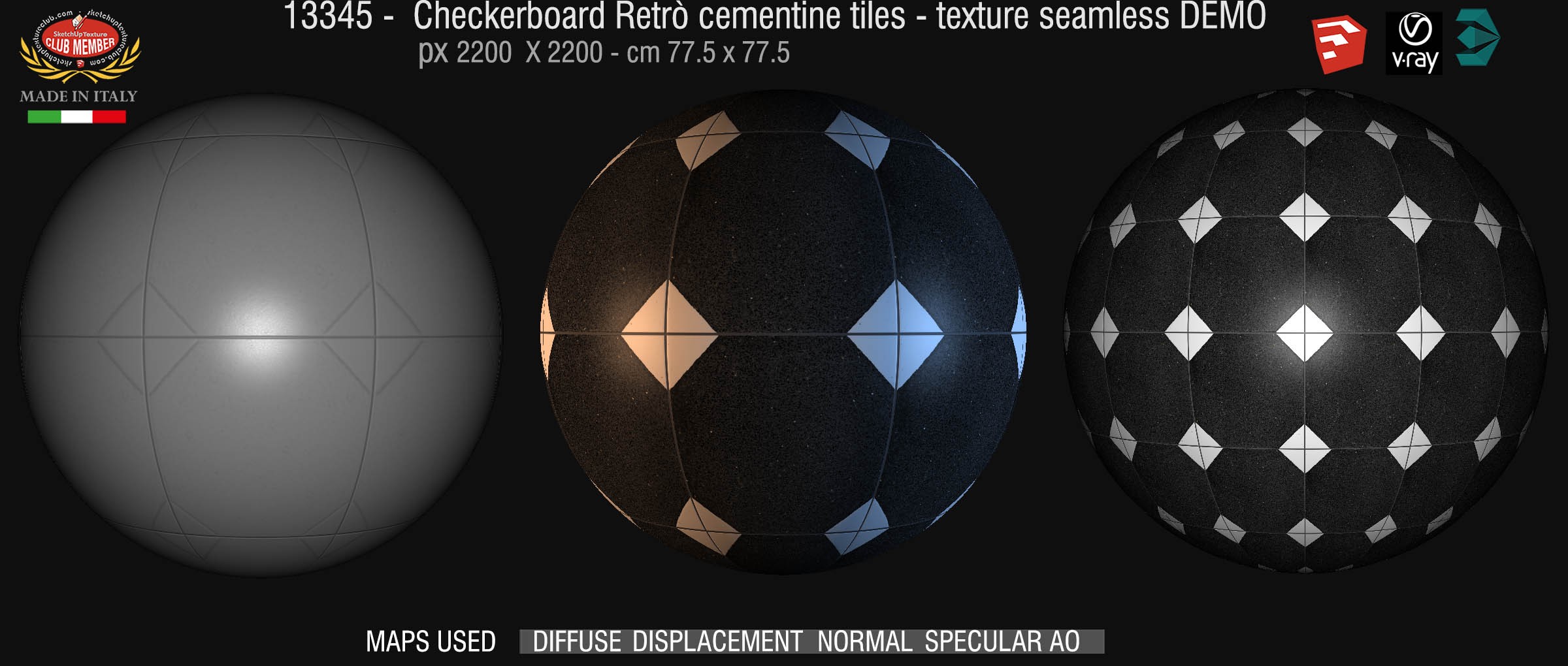 13345 Checkerboard retrò cementine tiles - texture seamless + maps DEMO