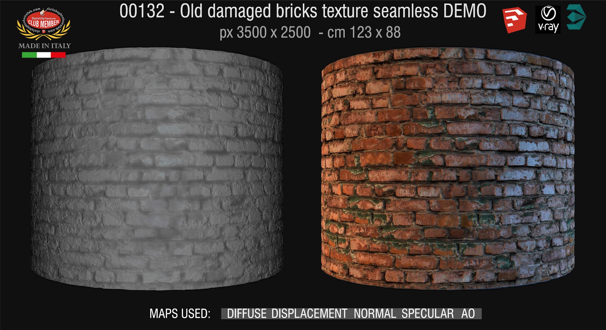 00132 HR Damaged bricks texture seamless + maps DEMO