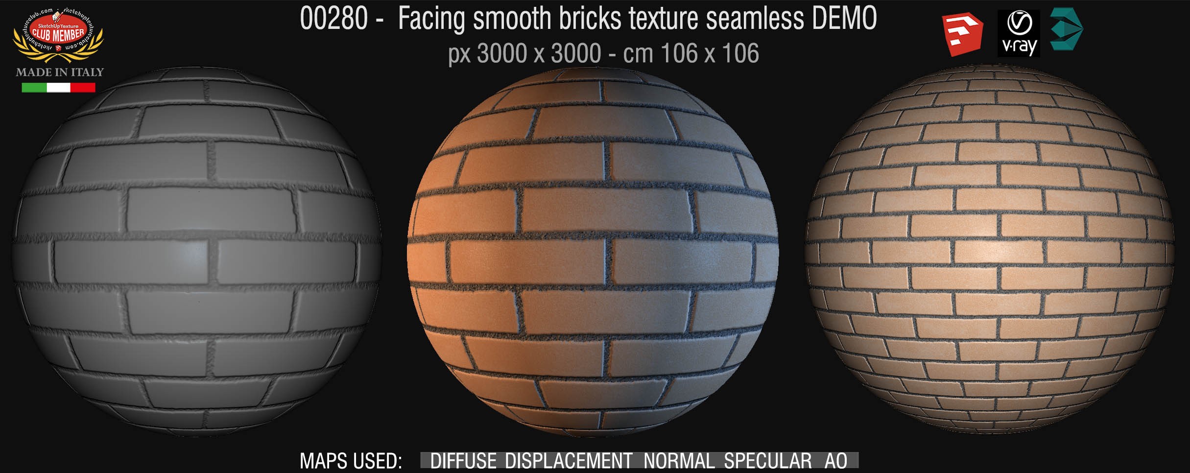 00280 Facing smooth bricks texture seamless + maps DEMO