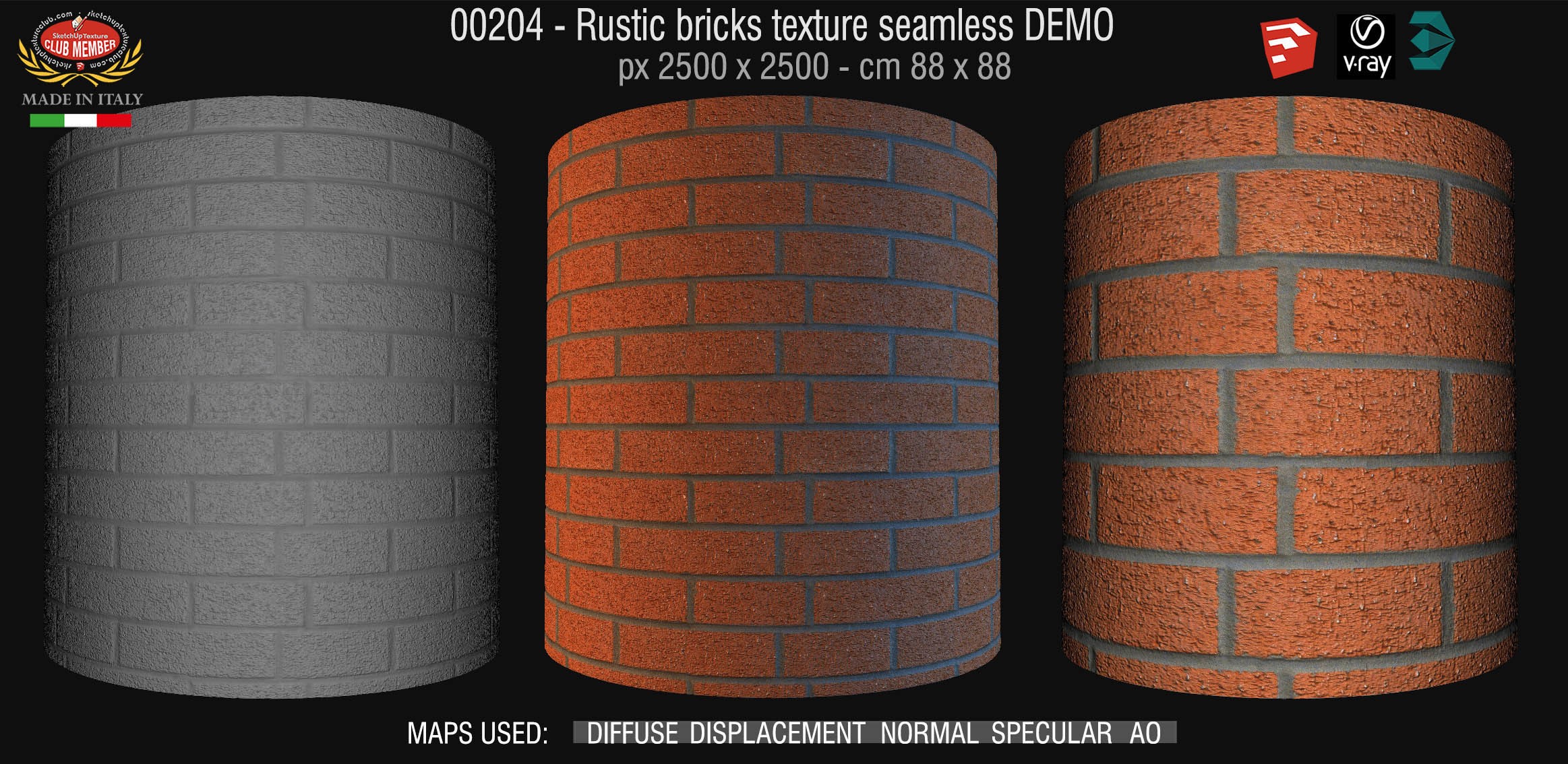 00204 Rustic bricks texture seamless + maps DEMO
