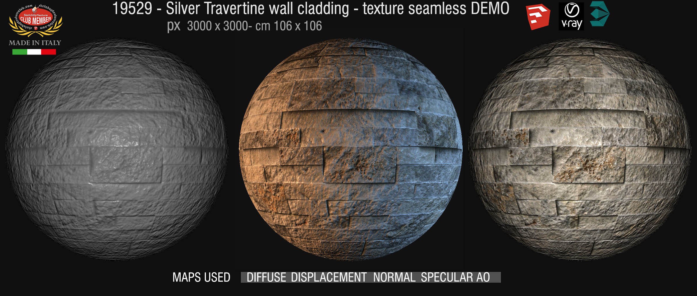 19529 Silver travertine wall cladding texture seamless + maps DEMO