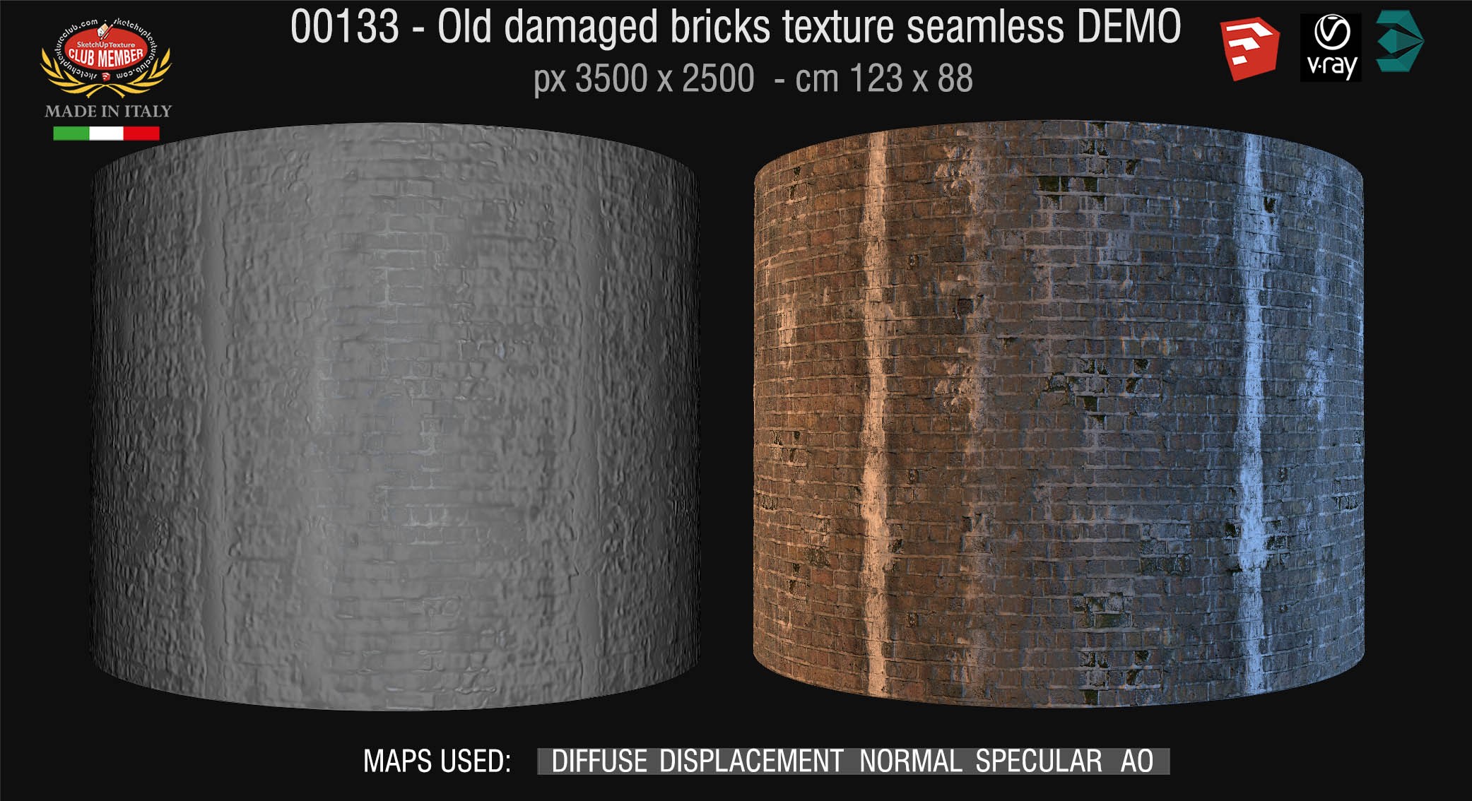 00133 HR Damaged bricks texture seamless + maps DEMO