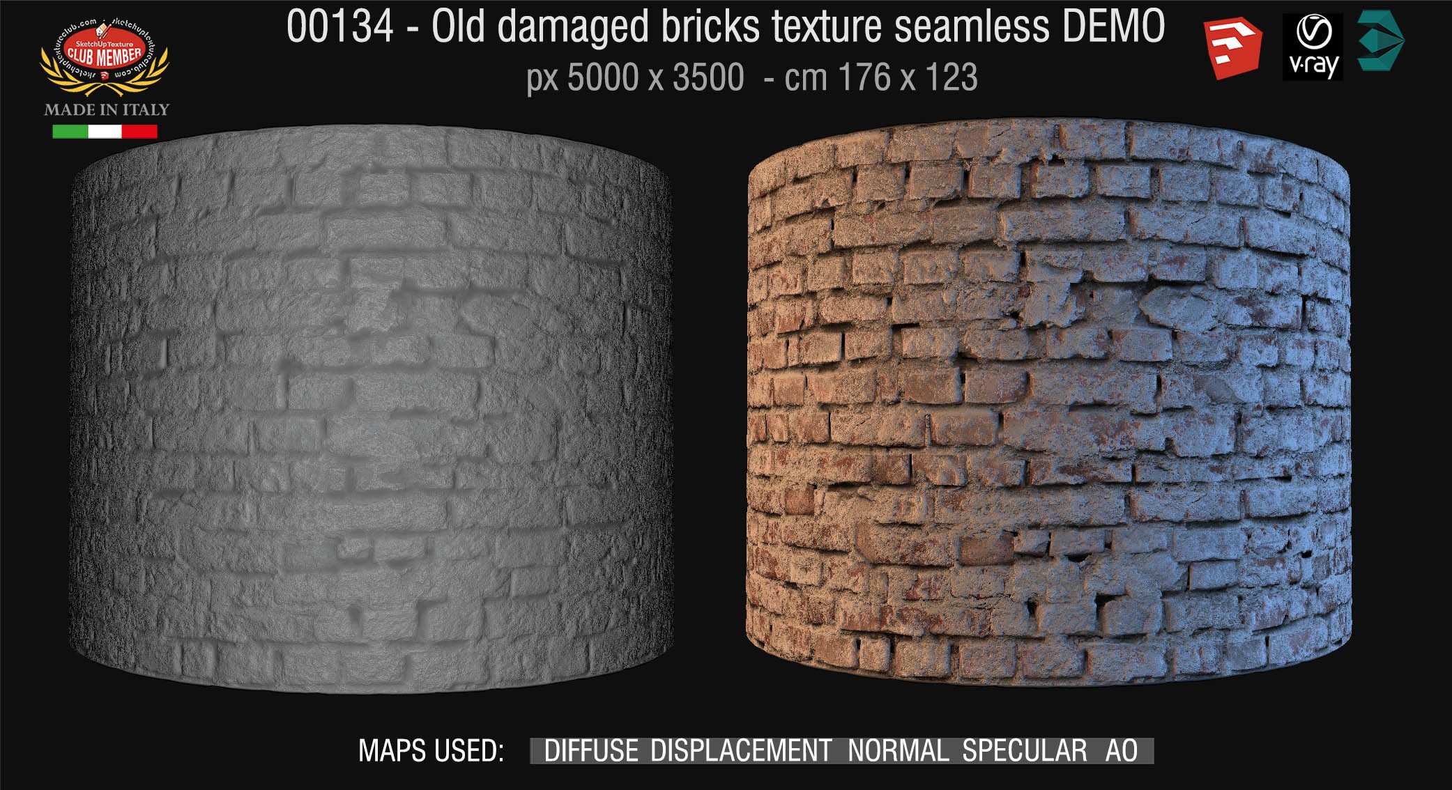 00134 HR Damaged bricks texture seamless + maps DEMO