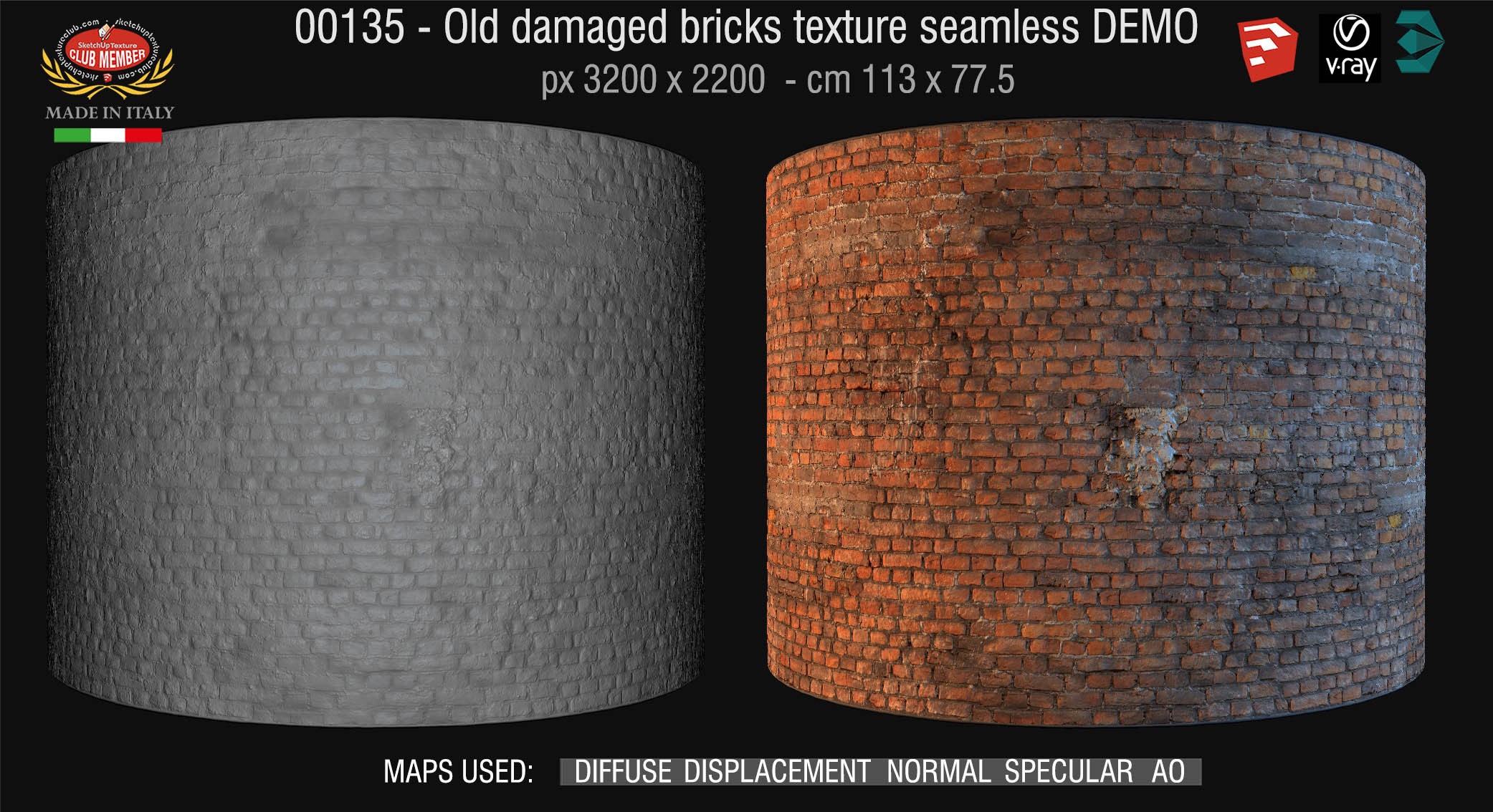 00135 HR Damaged bricks texture seamless + maps DEMO