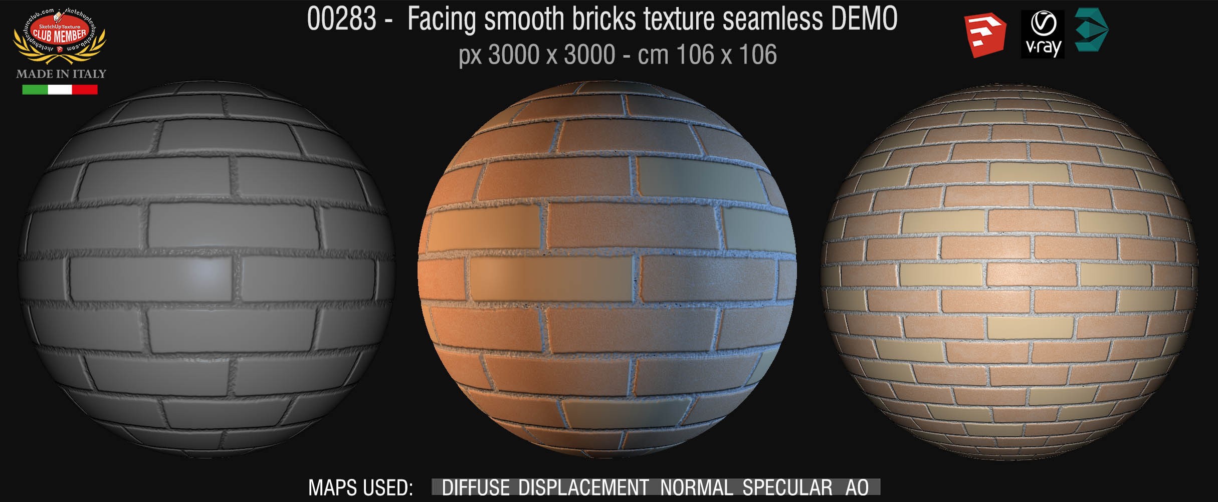 00283 Facing smooth bricks texture seamless + maps DEMO
