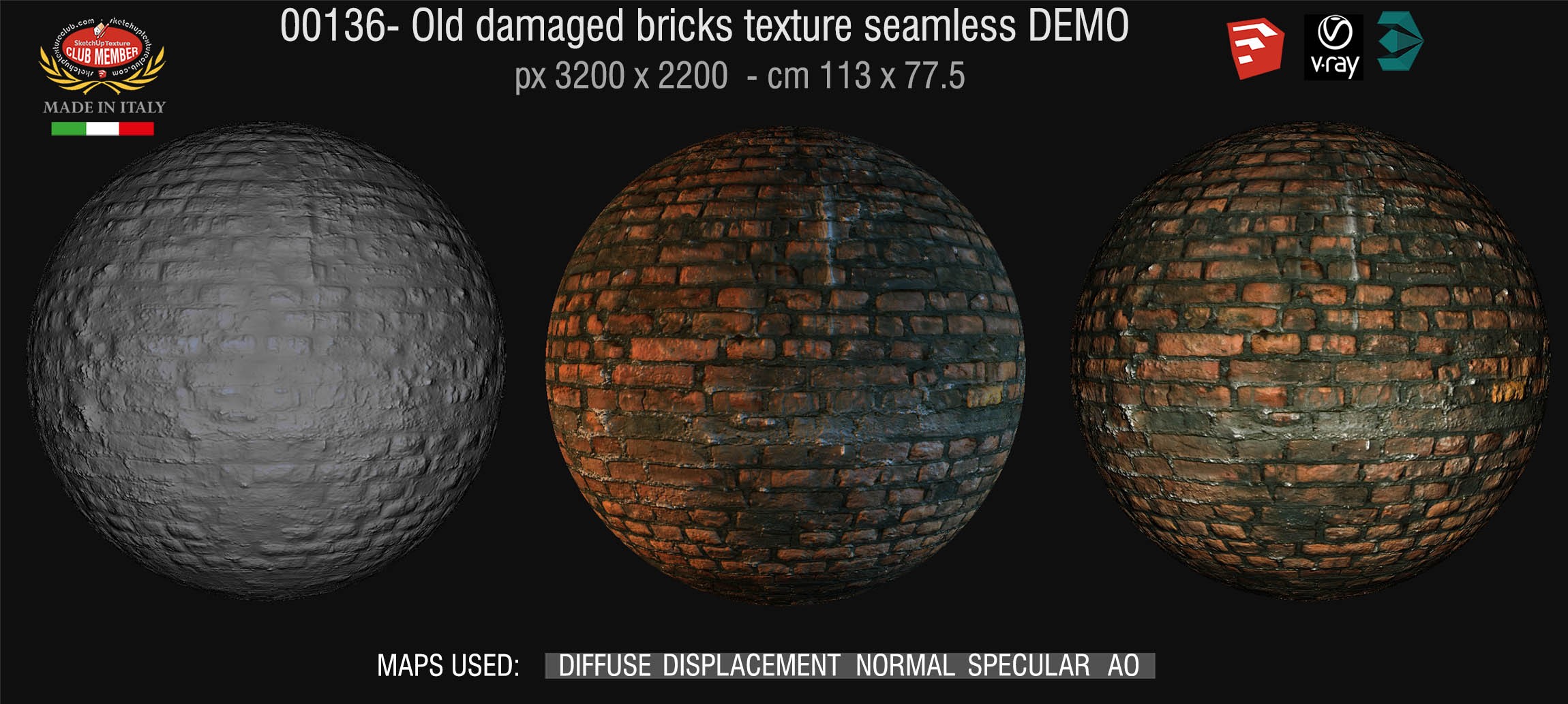 00136 HR Damaged bricks texture seamless + maps DEMO