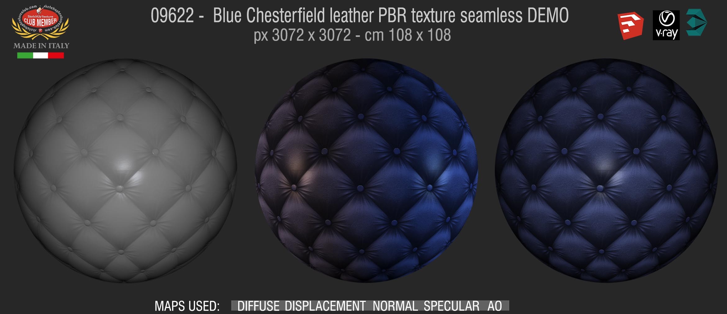 09622 Blue Chesterfield leather PBR texture seamless DEMO