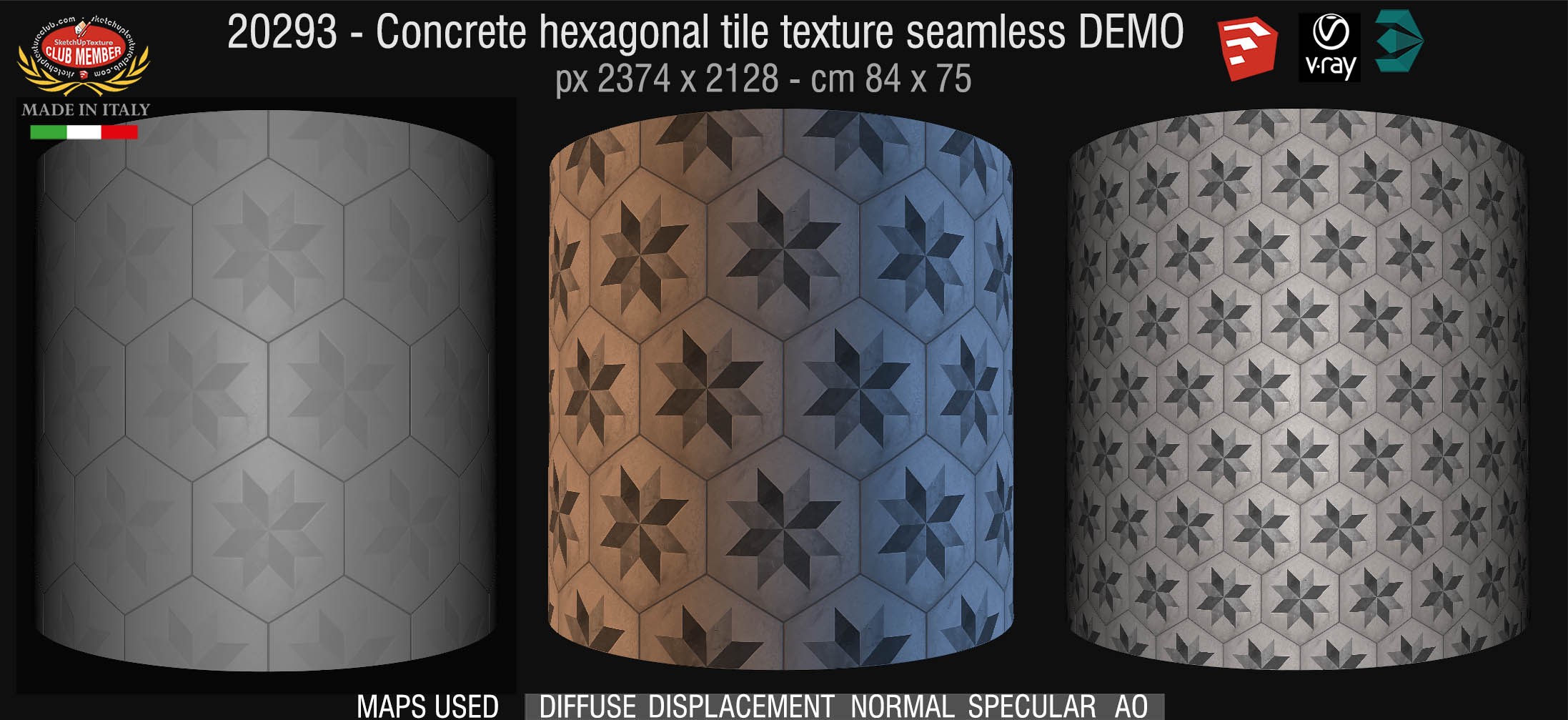 20293 Concrete hexagonal tile texture seamless + maps DEMO