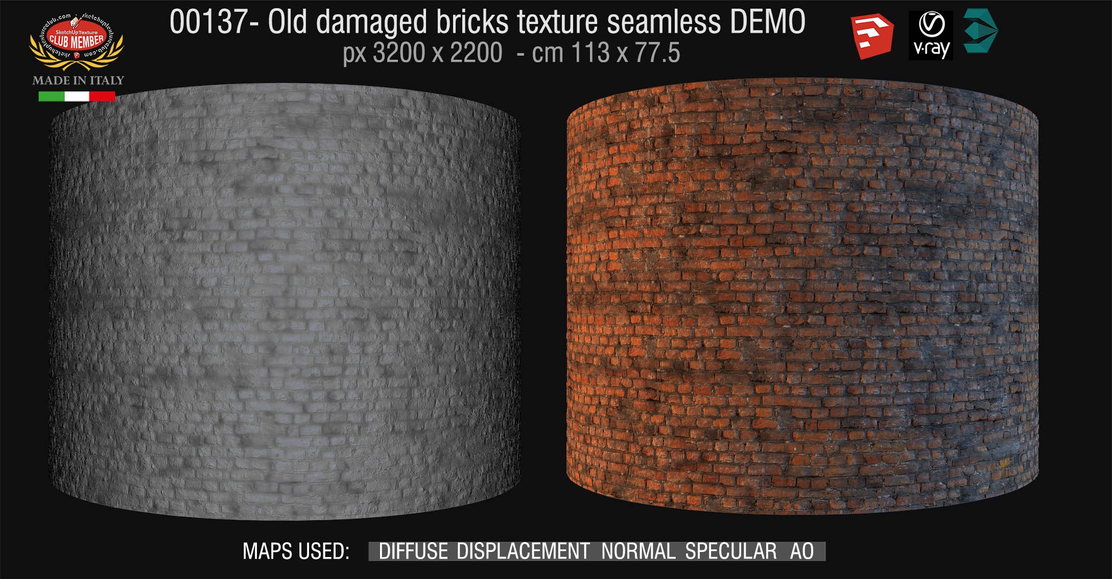 00137 HR Damaged bricks texture seamless + maps DEMO