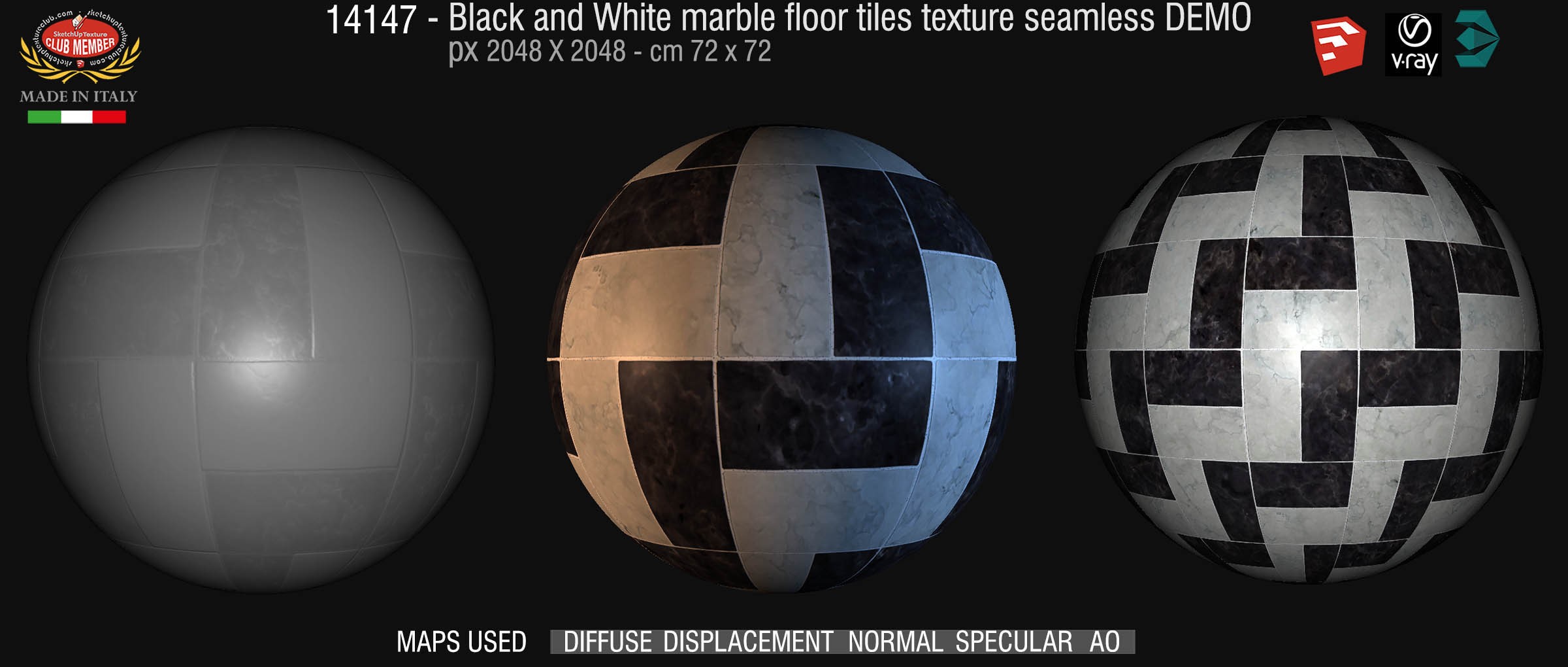 14147 Black and white marble tile texture seamless + maps DEMO