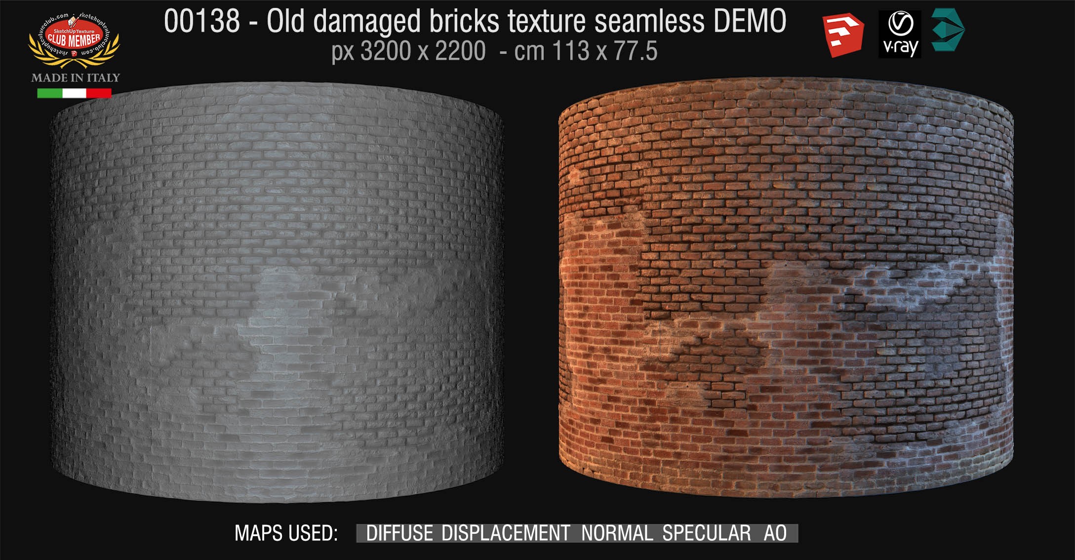 00138 HR Damaged bricks texture seamless + maps DEMO