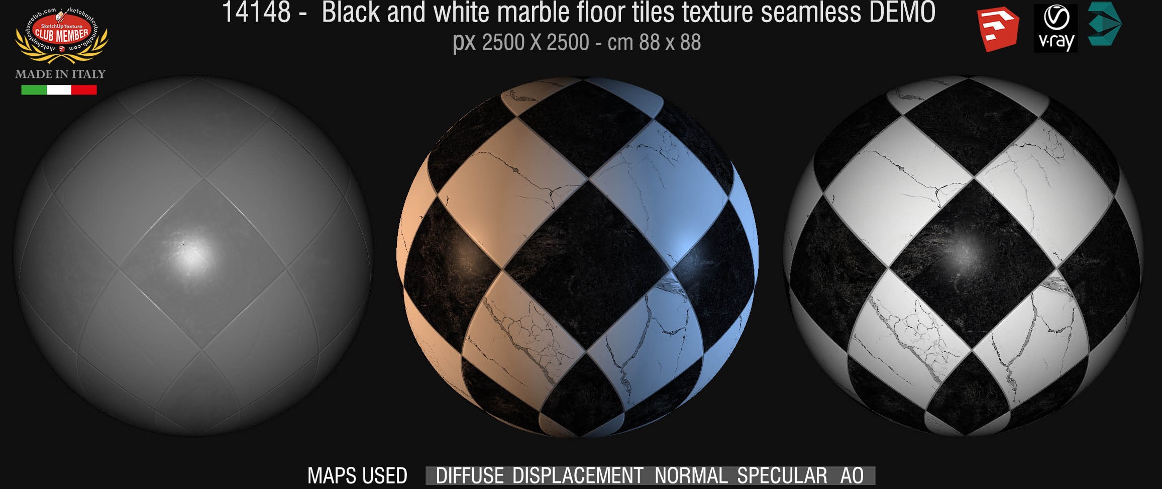 14148 Black and white marble tile texture seamless + maps DEMO