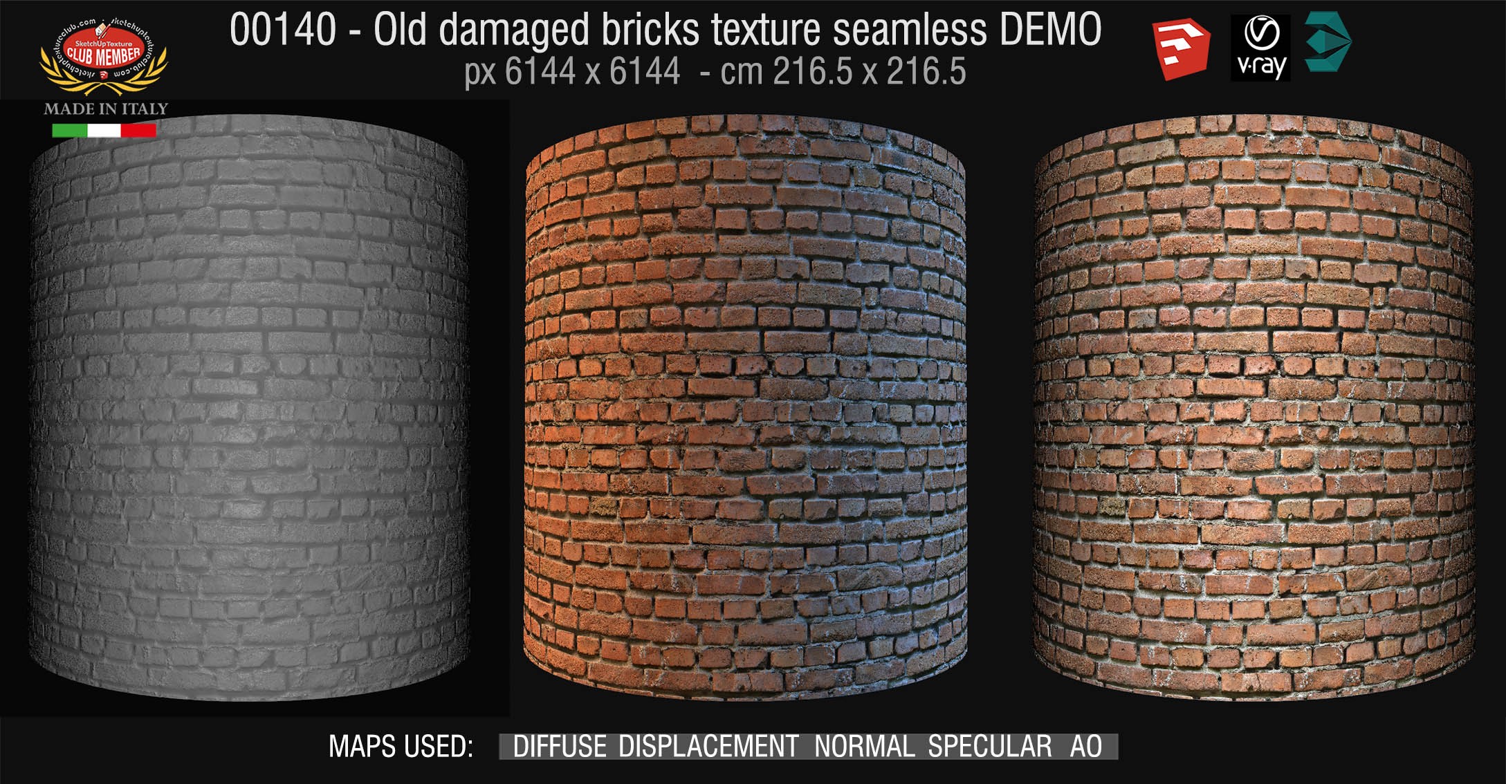 00140 HR Damaged bricks texture seamless + maps DEMO