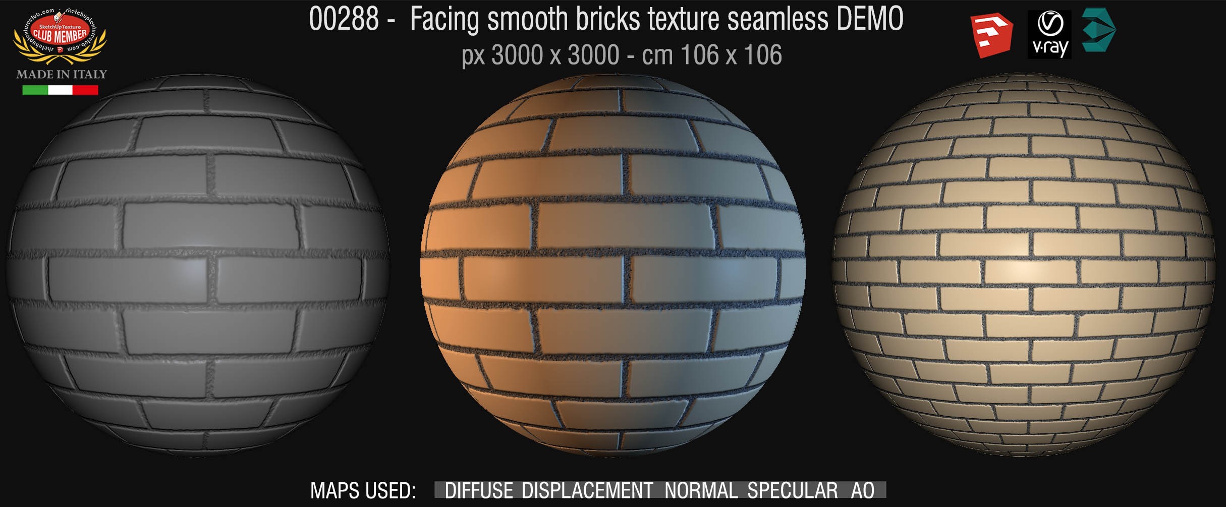 00288 Facing smooth bricks texture seamless + maps DEMO