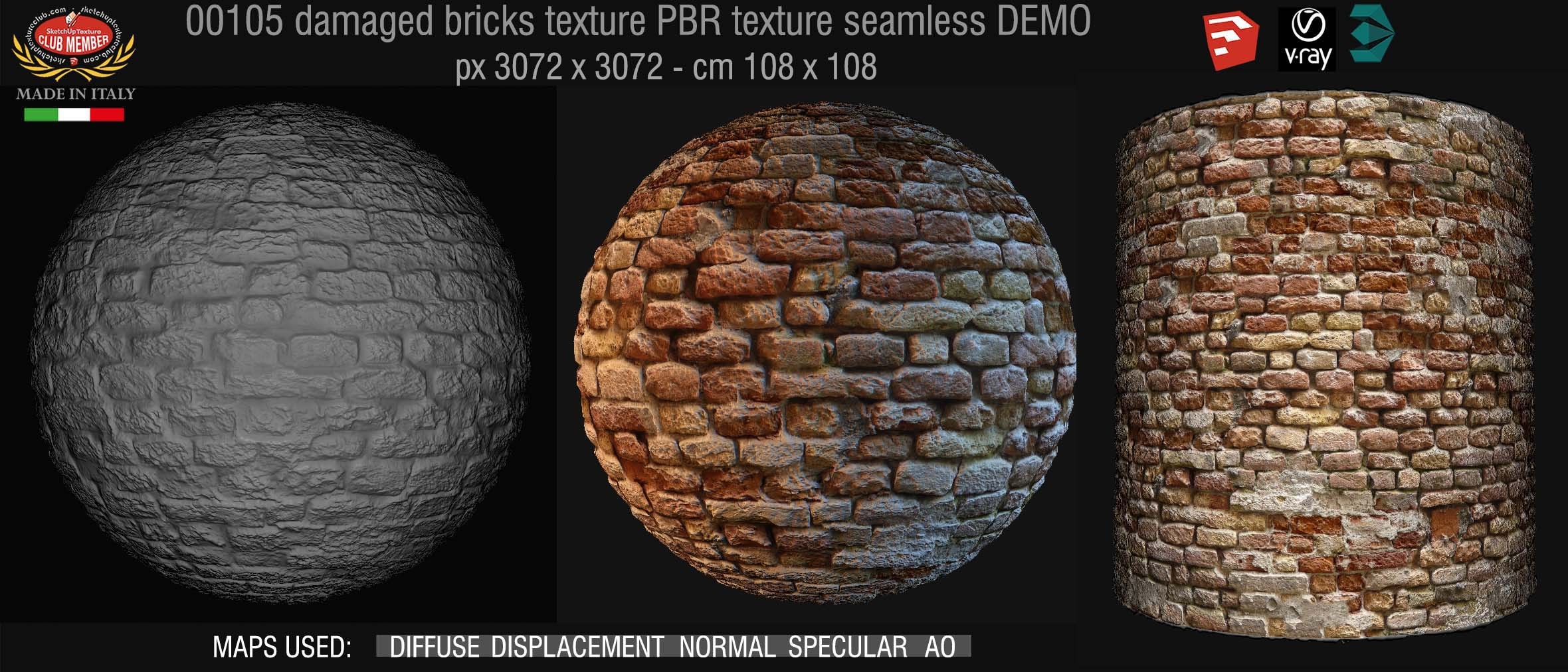 00105  Damaged bricks PBR texture seamless DEMO