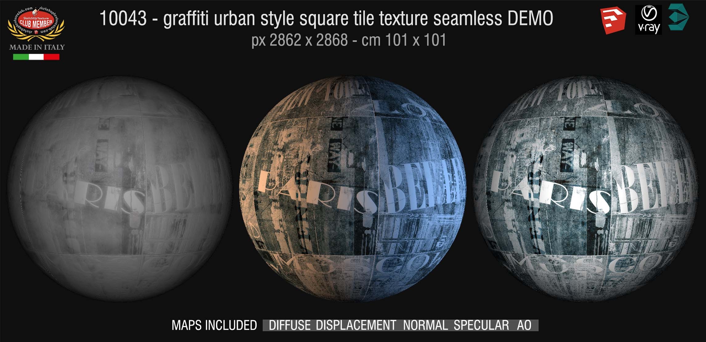 14043 HR  Graffiti urban style square tile texture seamless + maps DEMO