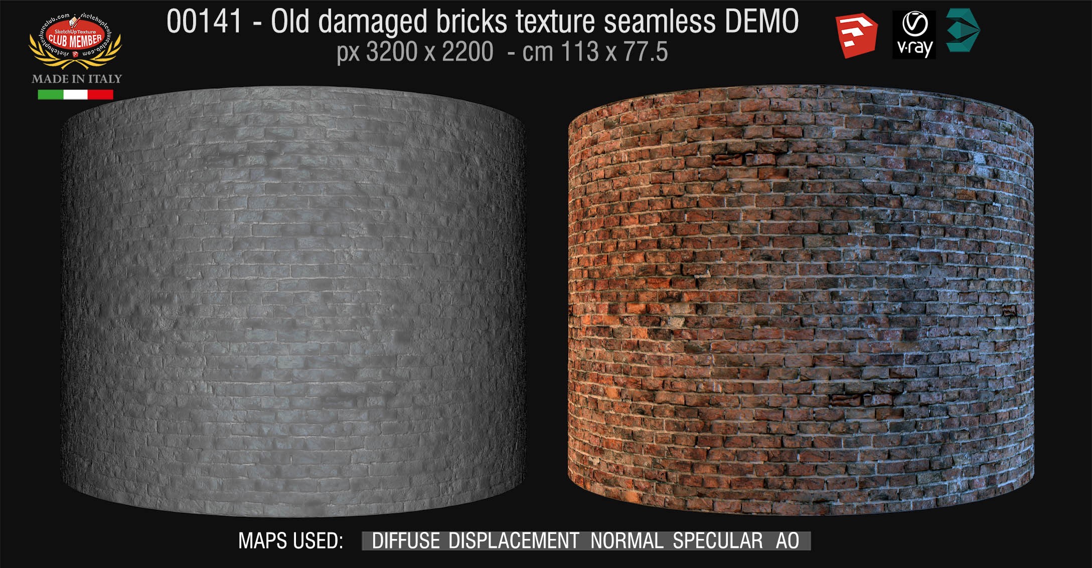 00141 HR Damaged bricks texture seamless + maps DEMO