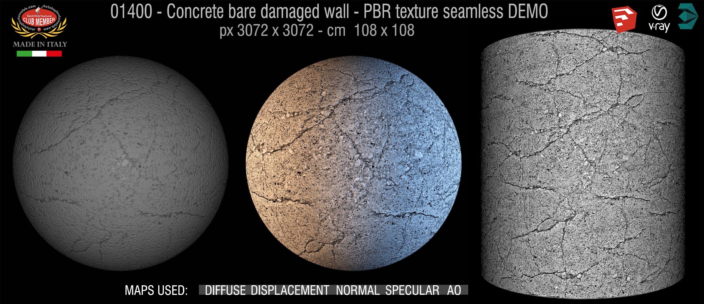 01400 Concrete bare damaged wall PBR texture seamless DEMO