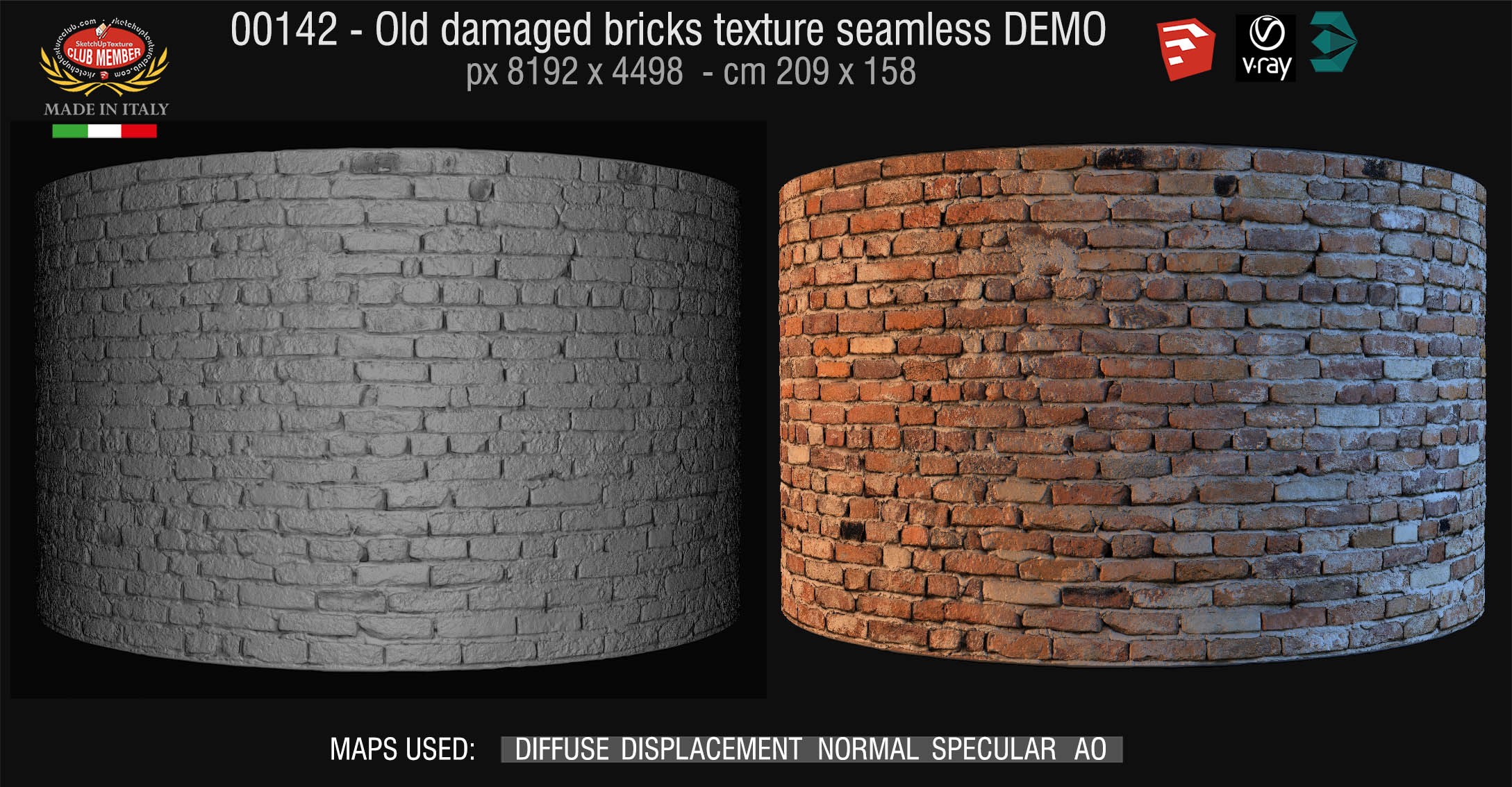 00142 HR Damaged bricks texture seamless + maps DEMO