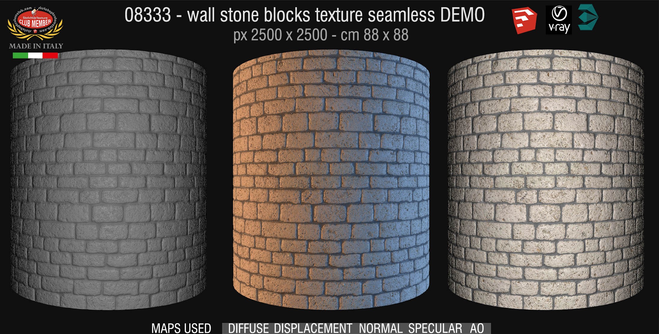 08333 HR Wall stone with regular blocks texture + maps DEMO