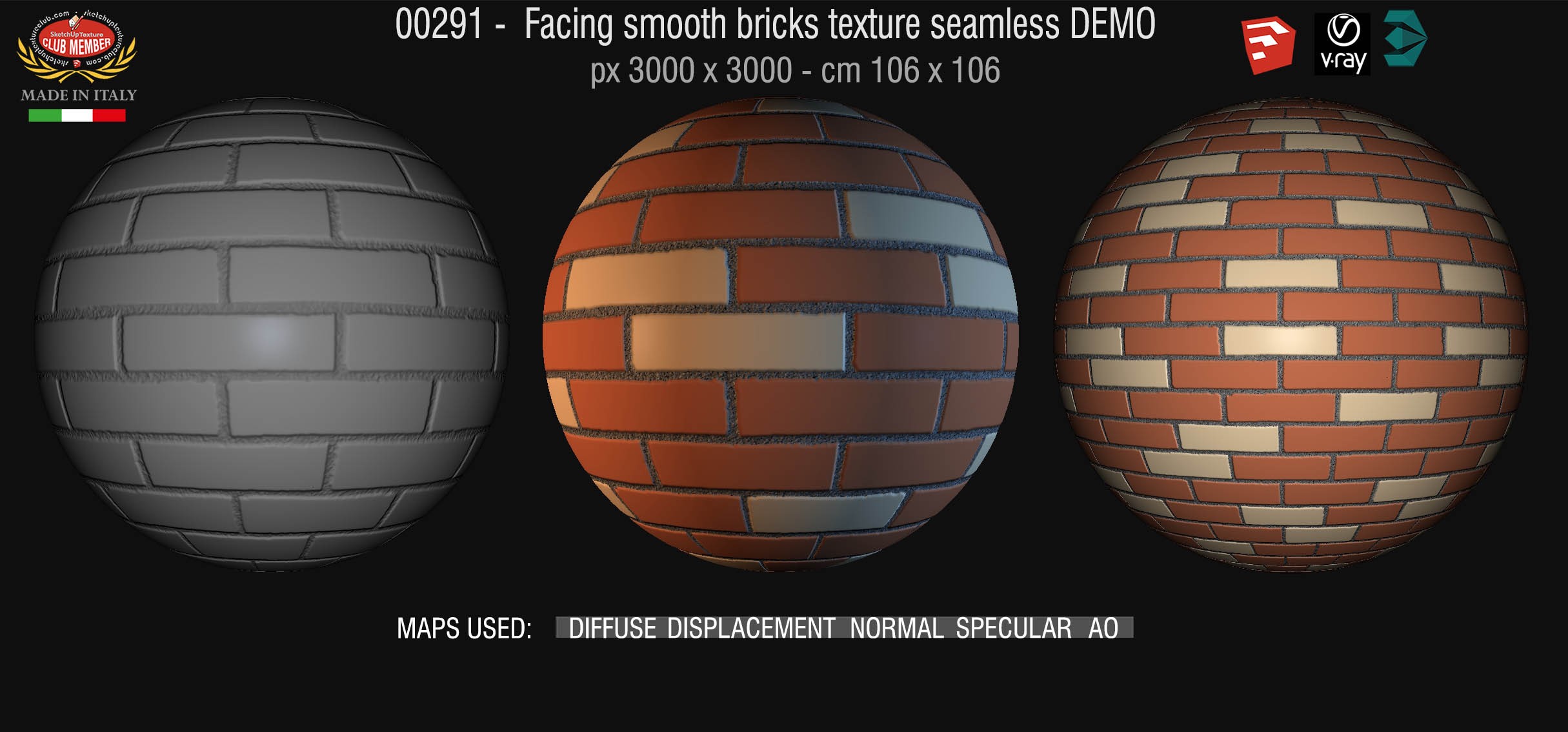 00291 Facing smooth bricks texture seamless + maps DEMO