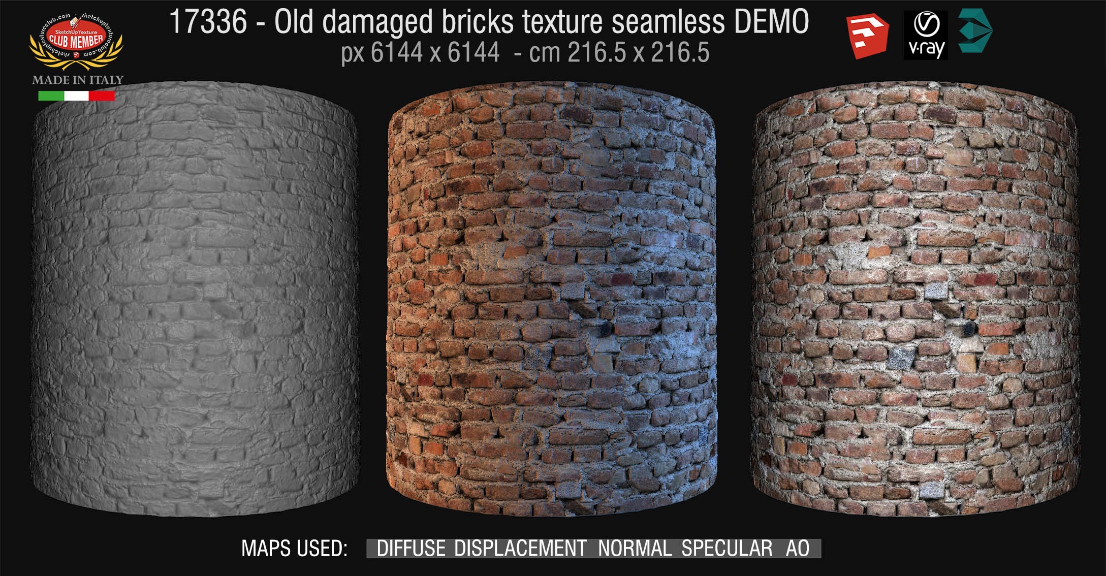 17336 HR Old damaged bricks texture seamless + maps DEMO