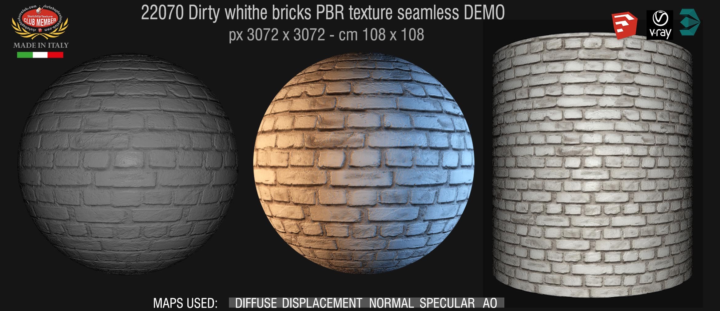 22070 Dirty white bricks PBR texture seamless DEMO