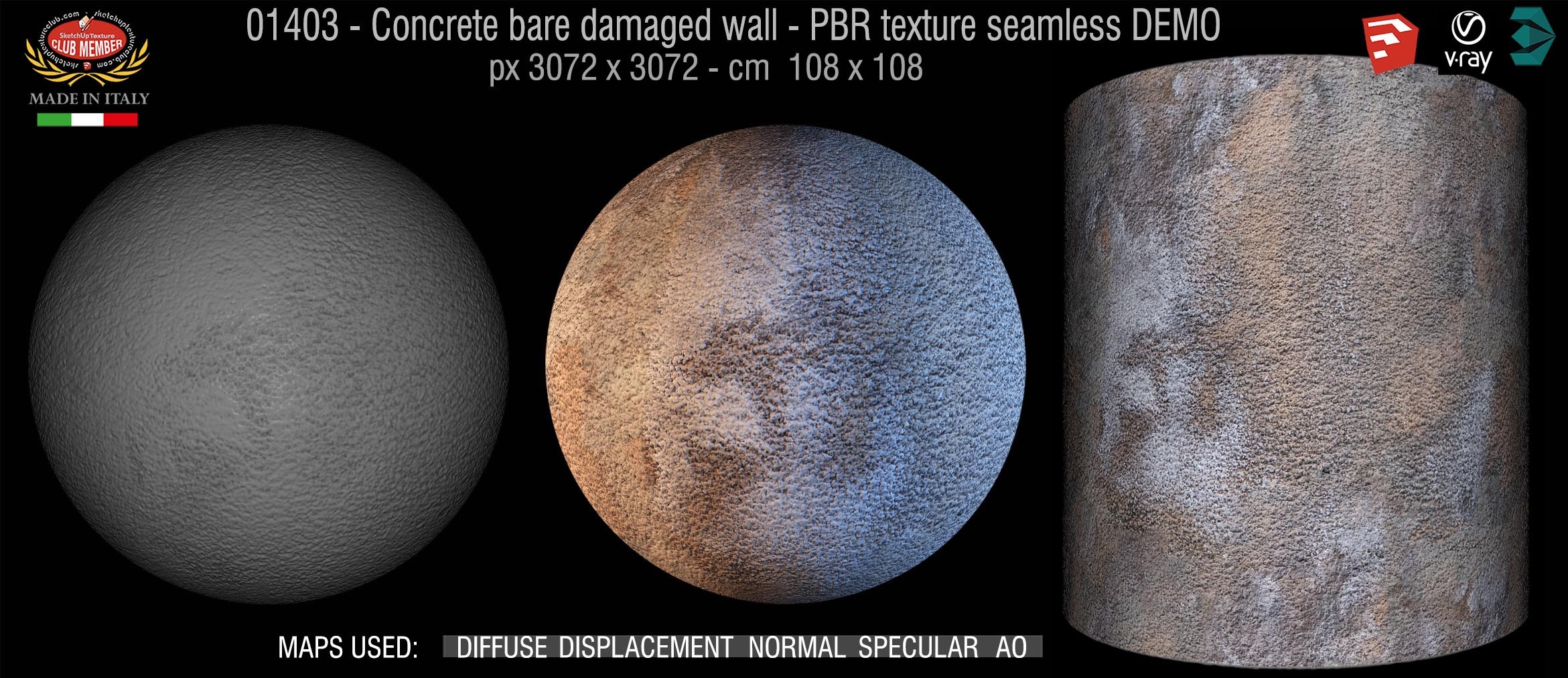 01403 Concrete bare damaged wall PBR texture horizontal seamless DEMO
