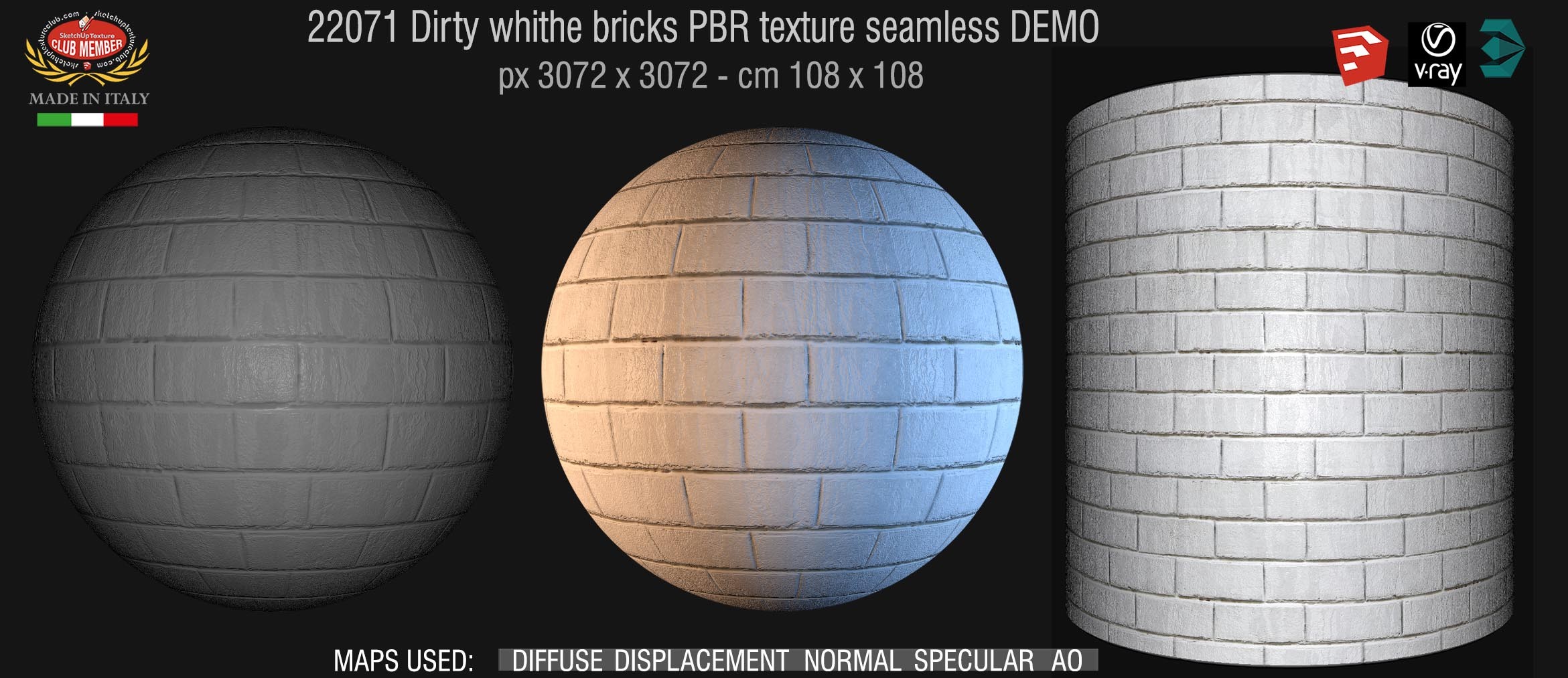 22071 Dirty white bricks PBR texture seamless DEMO