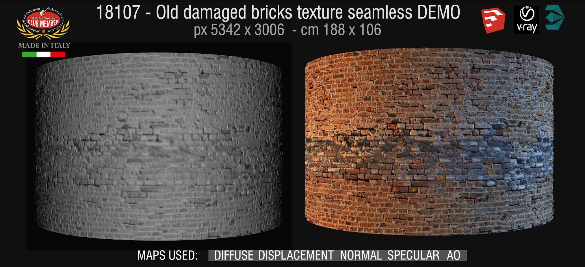 18107 HR Old damaged bricks texture seamless + maps DEMO