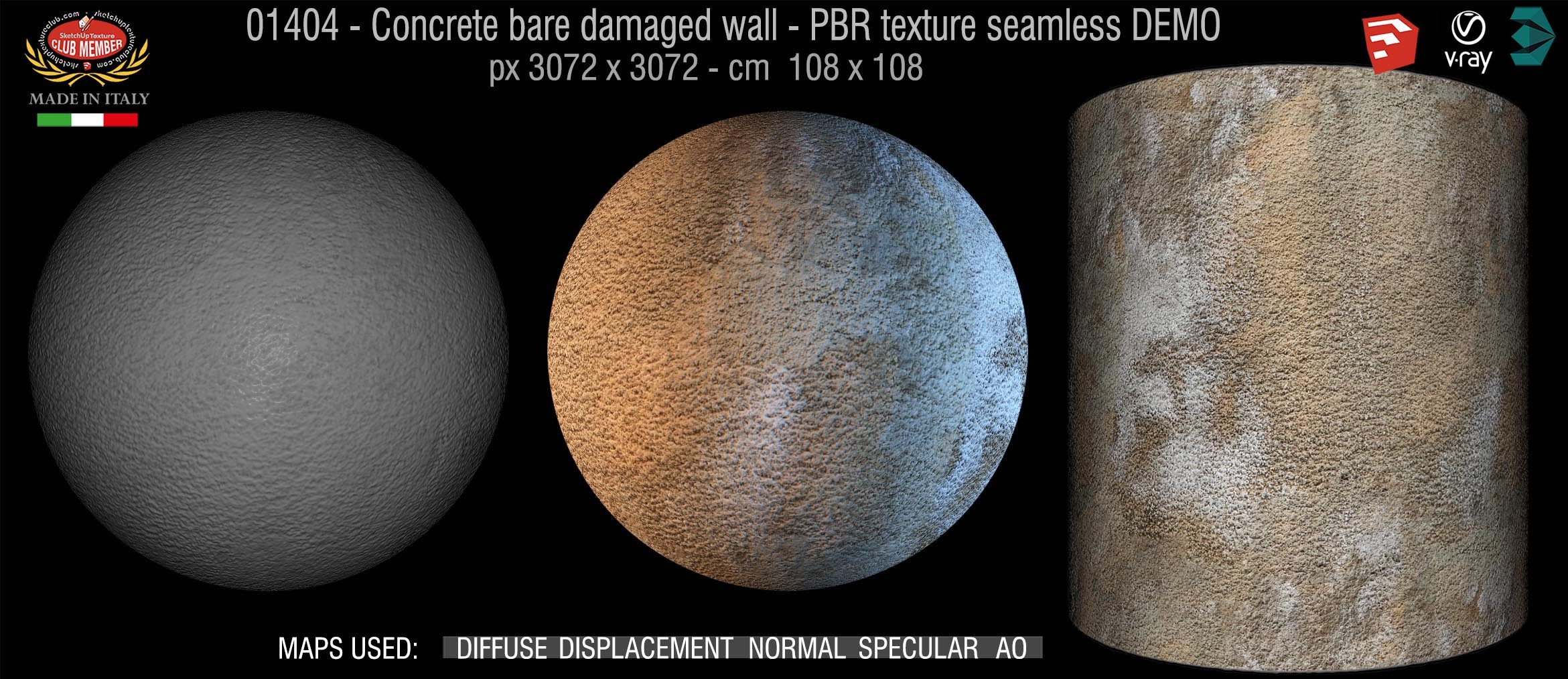 01404 Concrete bare damaged wall PBR texture horizontal seamless DEMO