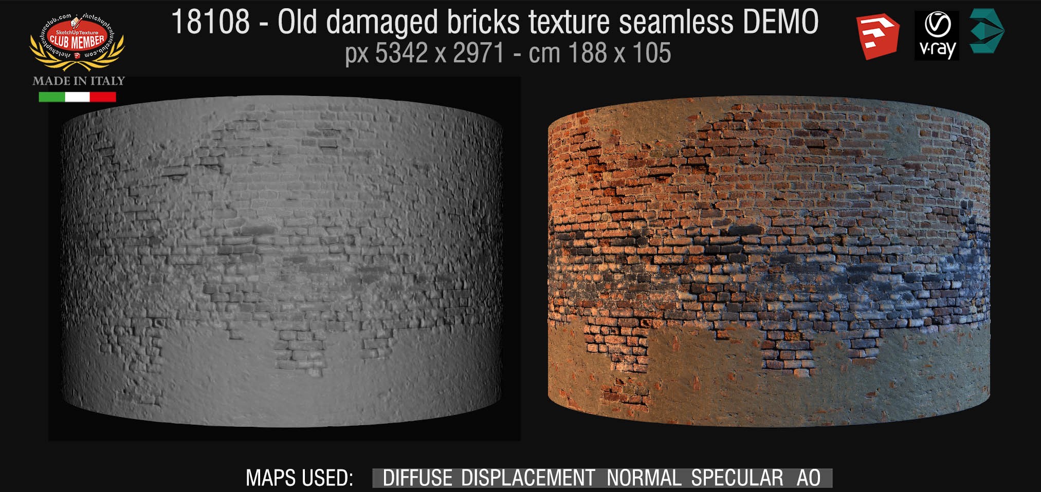 18108 HR Old damaged bricks texture seamless + maps DEMO